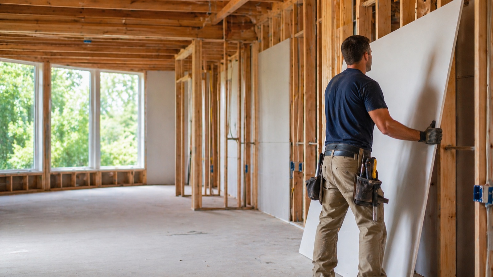 Drywall contractor installing a sheet of drywall in a residential home under construction